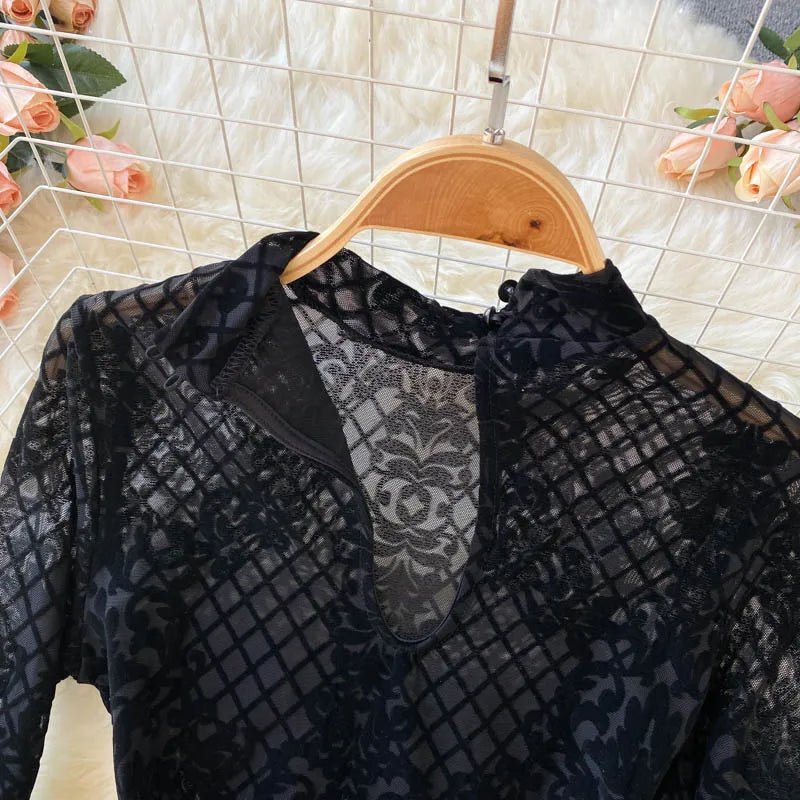 SINGREINY Fashion Women Velvet Slim Playsuits Long Sleeves Vintage Bodycon Rompers Streetwear Y2K Ins Chic Mesh Sexy Bodysuits
