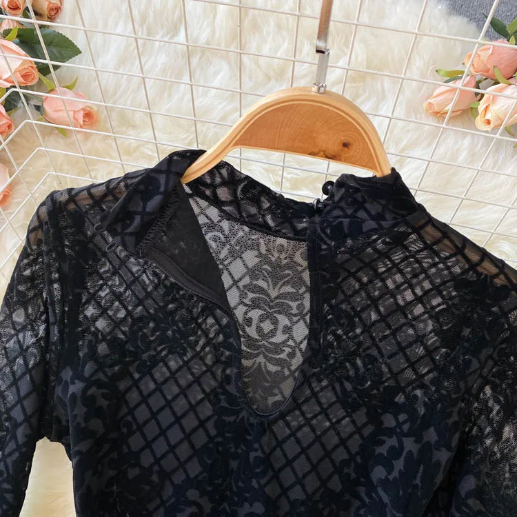 SINGREINY Fashion Women Velvet Slim Playsuits Long Sleeves Vintage Bodycon Rompers Streetwear Y2K Ins Chic Mesh Sexy Bodysuits
