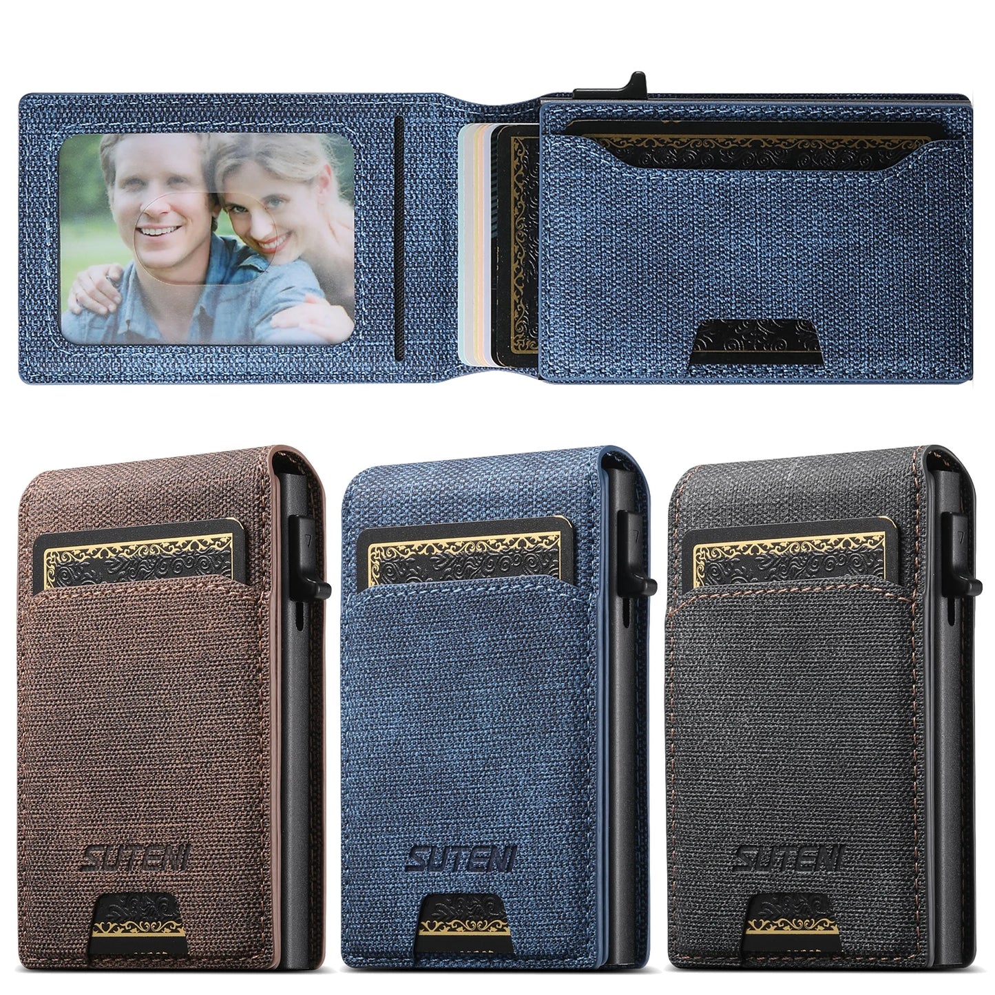 Push-out Card High quality PU leather Card Holder Wallet Holder Large Capacity Can Hold 1-12 Cards 1 Photo Black/Brown/Blue
