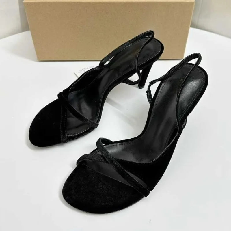 Elegant Velvet High Heels Sandals for Women Cross Strap Design Luxury Open Toe Banquet Wedding Slingback Brand Ladies Shoes
