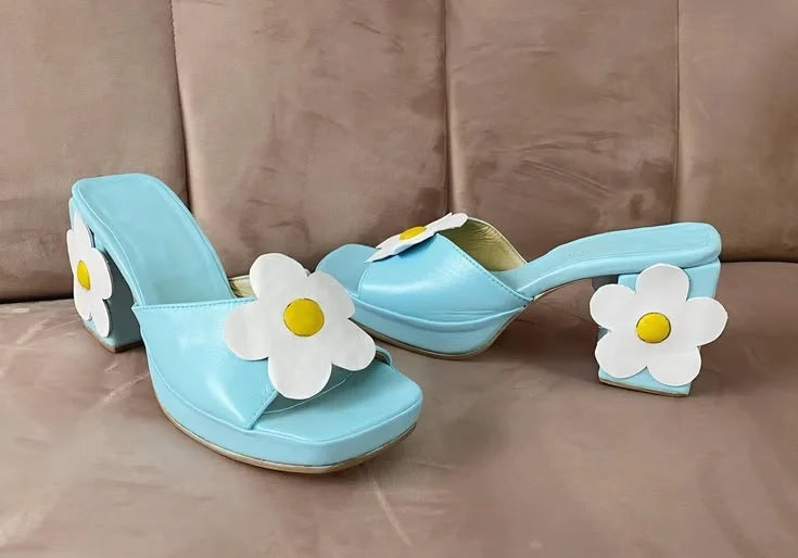 Sweet Style Round Toe Outdoor Flowers Summer Fashion Lady Slippers Strange Flower High Heels Pull On Design Large Size Shoes