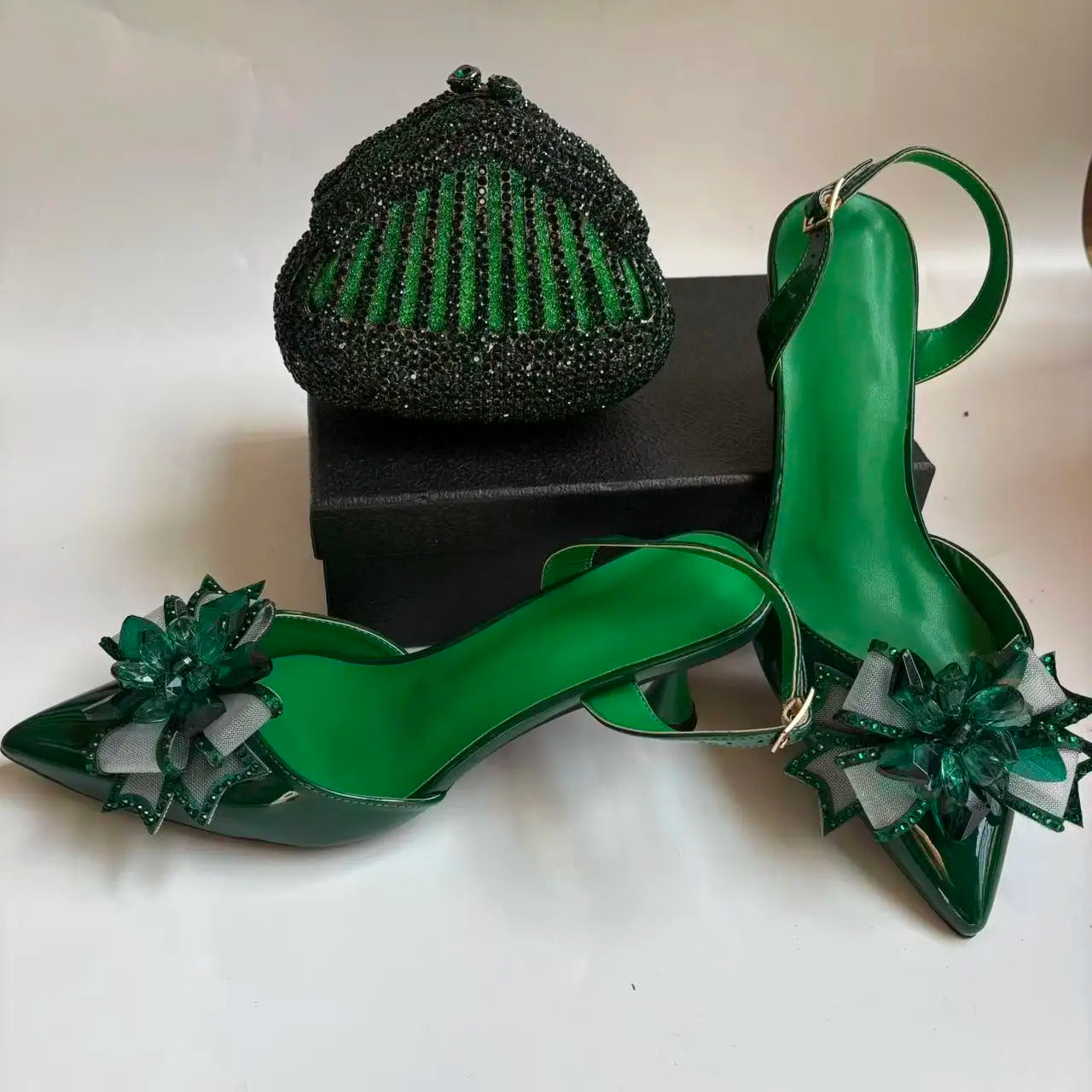 Insightlink Green Crystal High Heel with Bag Set for Bridal Wedding Party Designer Pointed Toe and Clutch Luxury Sandal Handbag
