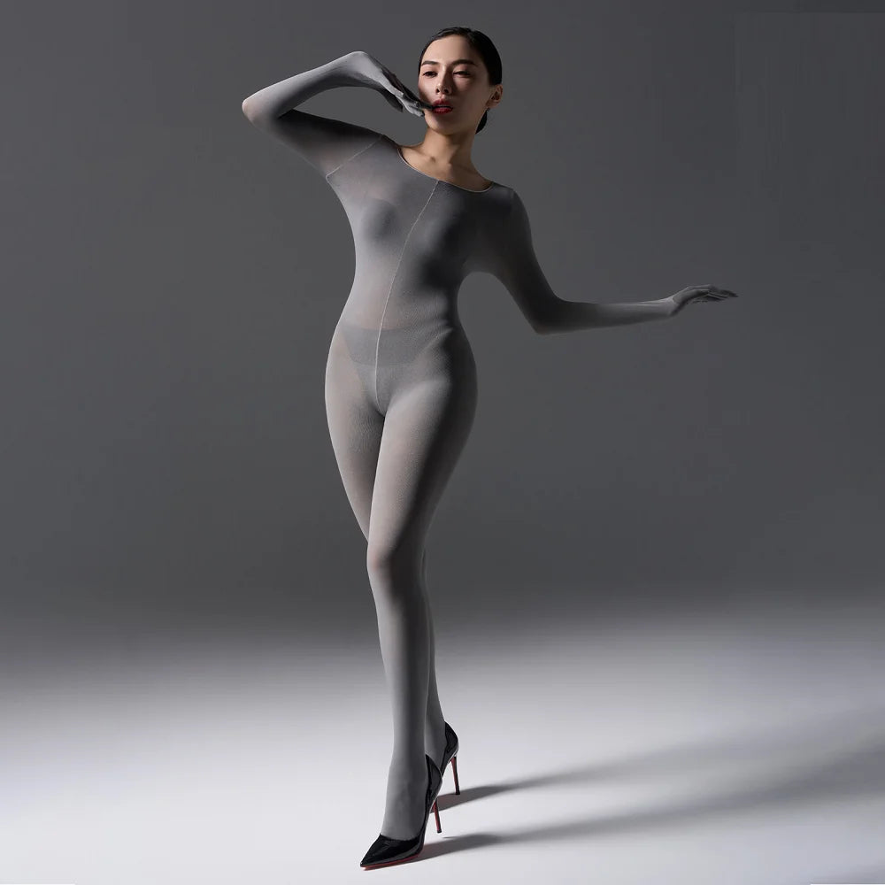 Sexy Women's Warm Full Body Bodysuit High Elastic Shaping Exotic Tights Sheer Cosplay Maid Leotard Long Sleeves Glove Jumpsuits