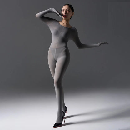 Sexy Women's Warm Full Body Bodysuit High Elastic Shaping Exotic Tights Sheer Cosplay Maid Leotard Long Sleeves Glove Jumpsuits