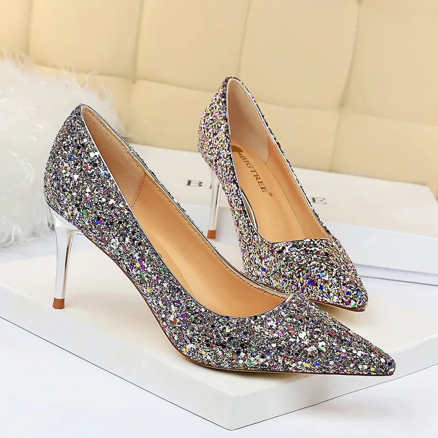 Women 7cm 9.5cm High Heels Pumps Wedding Bridal Scarpins Sparkly Mid Heels Lady Party Sequins Glitter Evening Gold Silver Shoes