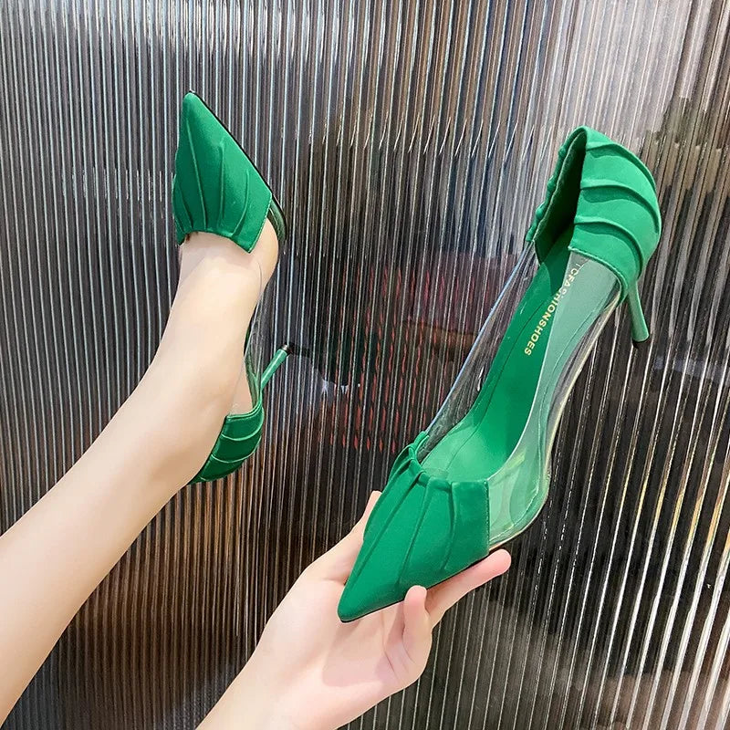 New Luxury Women's Spring and Summer Baotou Transparent Stiletto High Heels Pumps Rhinestone Pointed Single Shoes All-match