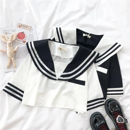 Japanese New Sailor Suit White and Navy Summer Women Student JK Uniform Suit College Style Girls Short Top Pleated Skirt Sets