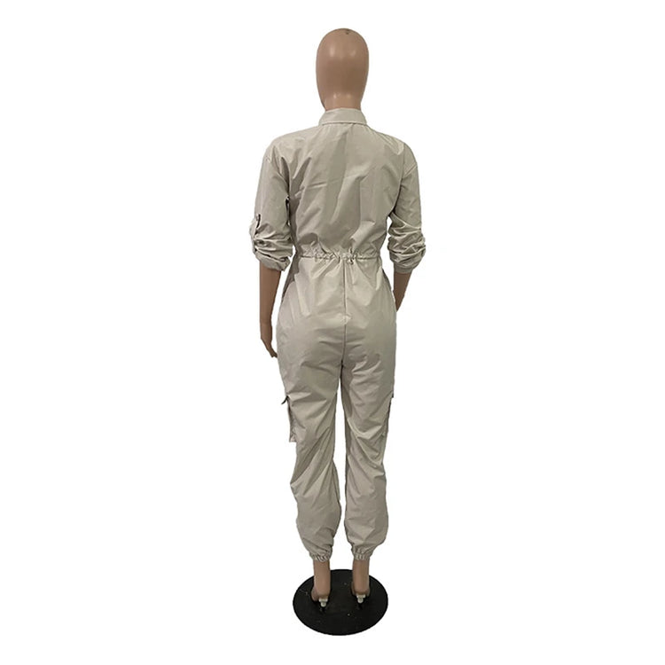 Fashion Cargo Jumpsuits Autumn Clothing Women 2026 Full Sleeve Zip Up Pockets Long Rompers Playsuits One Pieces Overalls Outfits