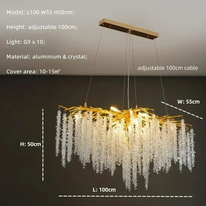 Modern Luxury Gold Branch Tassel Crystal LED Pendant Light Dining Room Living Room Indoor Home Decoration Atmosphere Fixtures