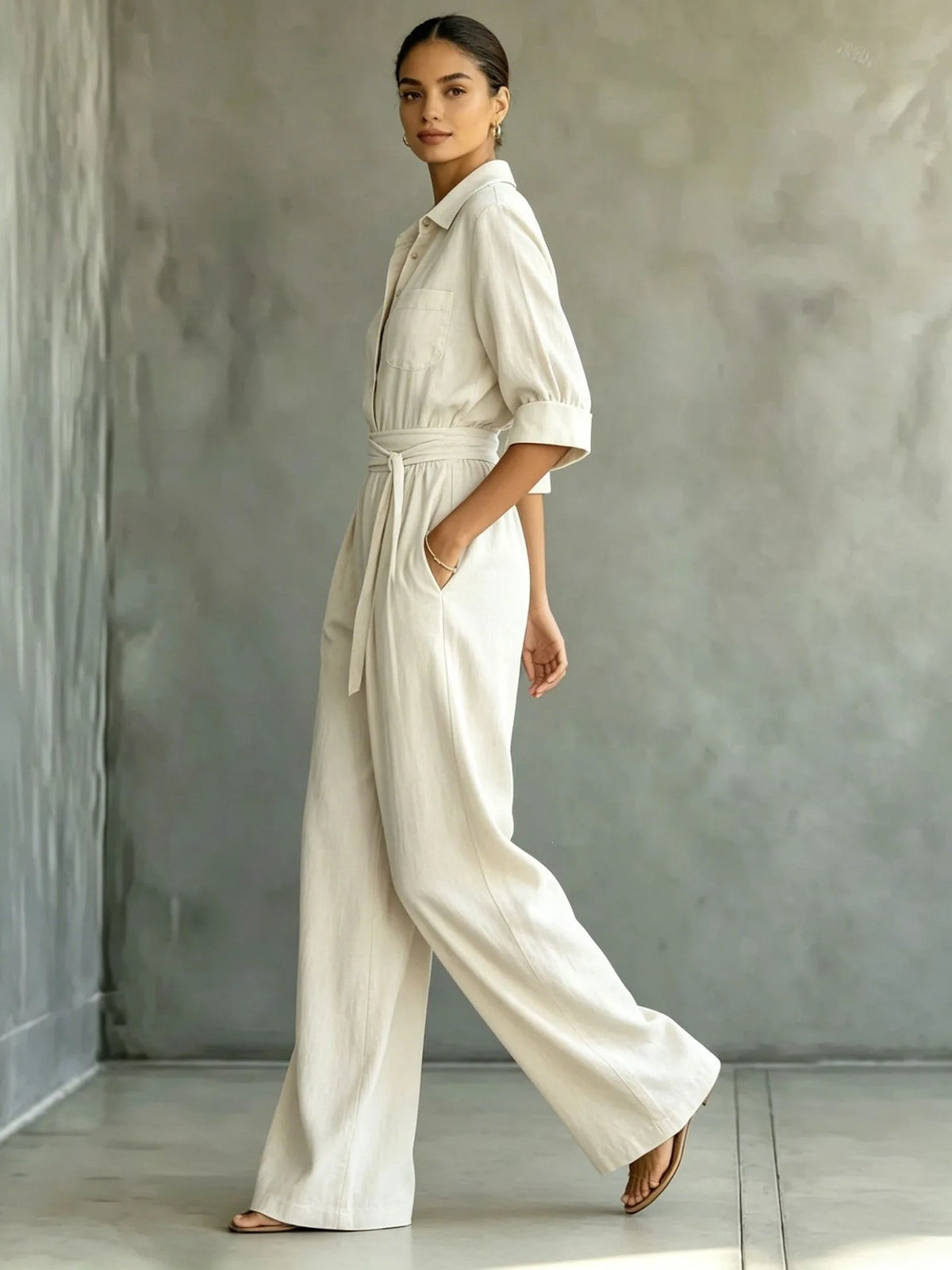 Women's Mid-sleeve Shirts Jumpsuits Spring Summer New 2026 New Fashion Elegant Waisted Lace-up Wide-leg Trousers Female Rompers