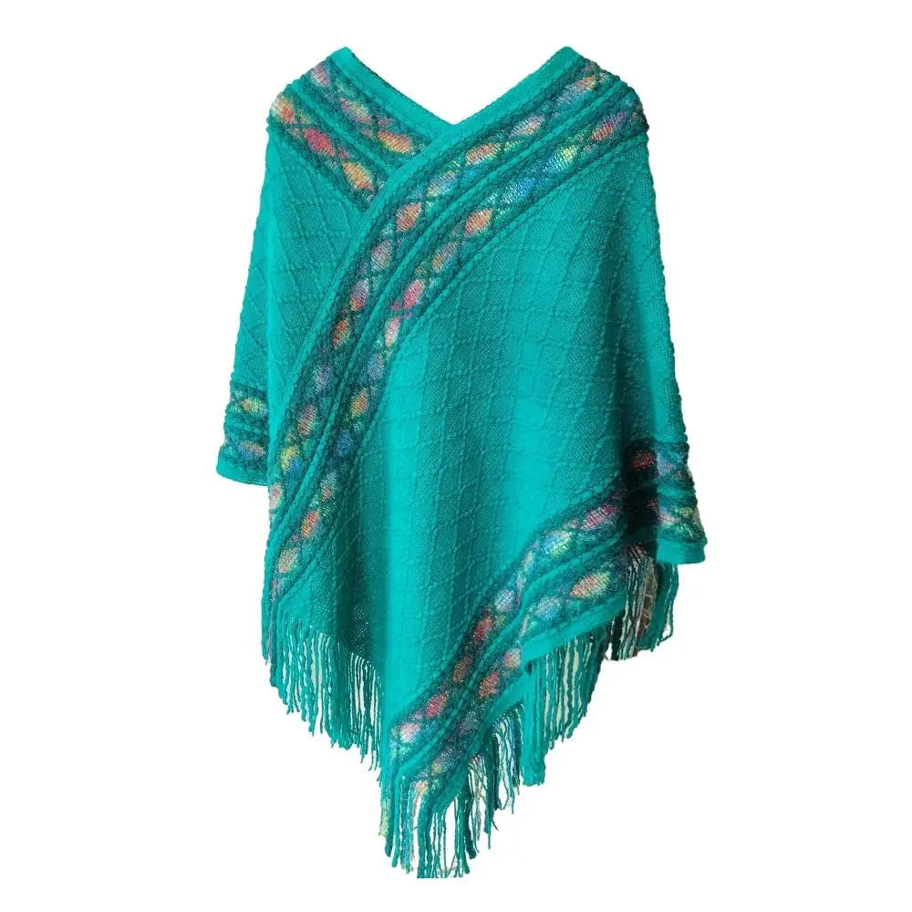 Plush Winter Warm Mongolian Poncho Ethnic Style Imitation Cashmere Rhombic Stripe Tassel Shawl Knitting Wraps Women Fashion