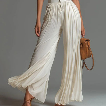 Women Elegant Chiffon Sleeveless Jumpsuit High Waist Pleated Flowy Wide Leg One Piece Overalls Holiday Casual Streetwear Rompers
