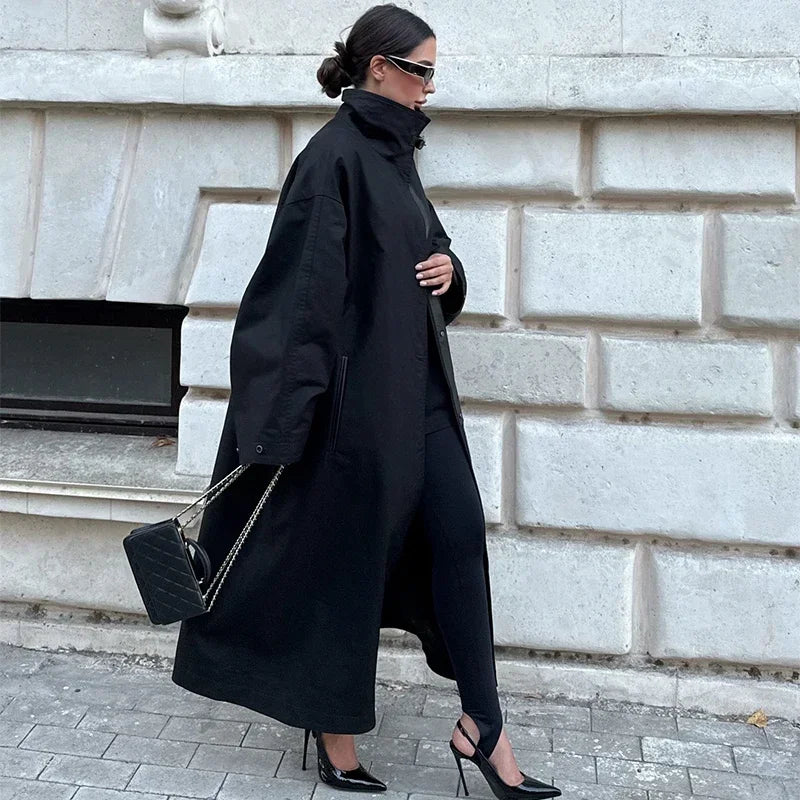 Black Stand Collar Trench Coat Women Casual Long Sleeve Single-breasted Loose Windbreaker 2026 Lady Autumn High Street Outwear
