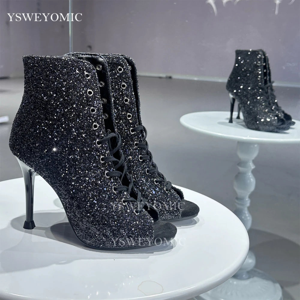 Dance Heels Champagne Black Sparkly Glitter Rubber Sole 10cm Professional High Heel Dance Shoes Salsa Women Dance Party Shoes