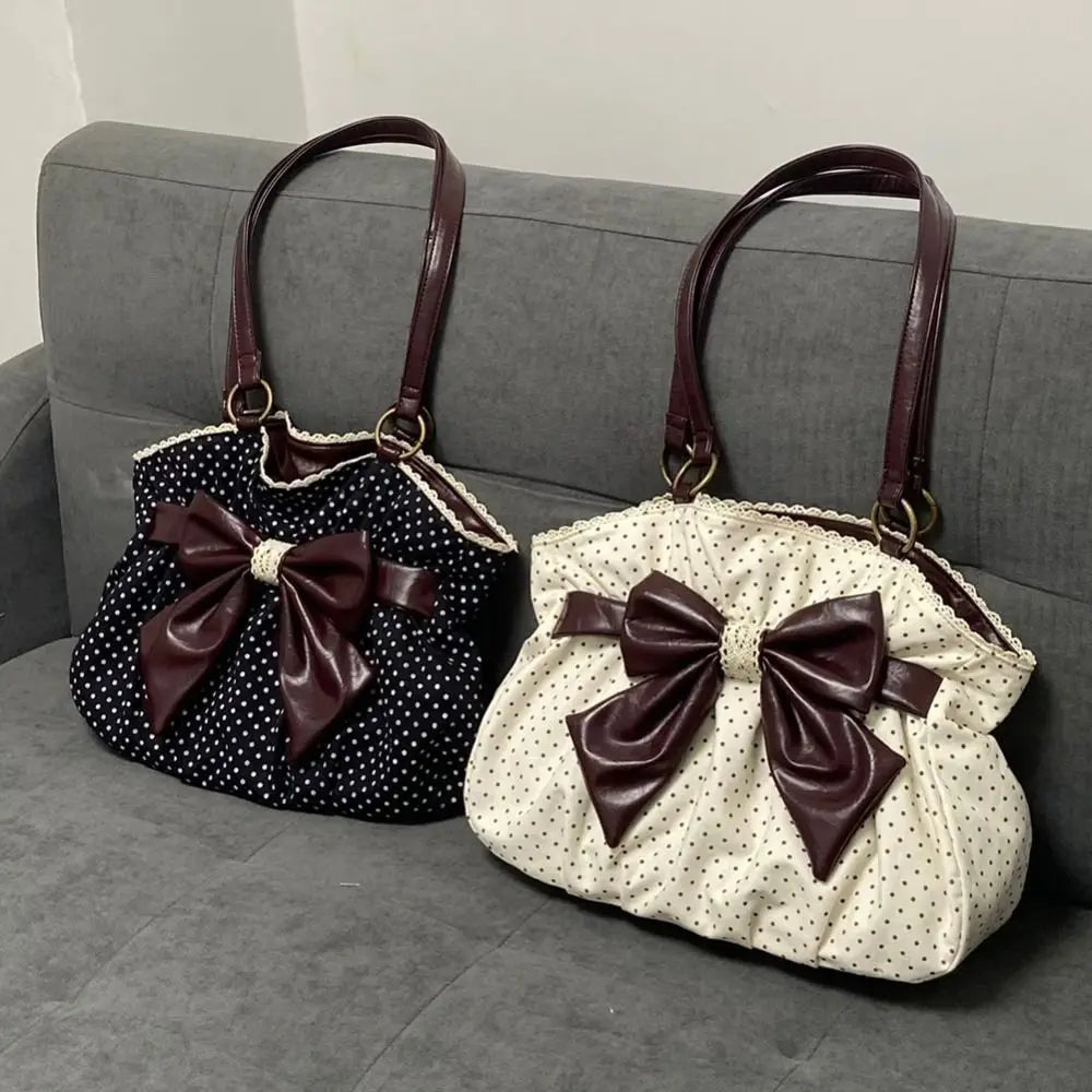 Trendy Vintage Women's Bow Handbag Y2k Casual Chic Lady Shoulder Bags All Match Aesthetic Dot Ins Underarm Bag Streetwear