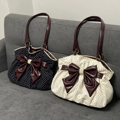 Trendy Vintage Women's Bow Handbag Y2k Casual Chic Lady Shoulder Bags All Match Aesthetic Dot Ins Underarm Bag Streetwear