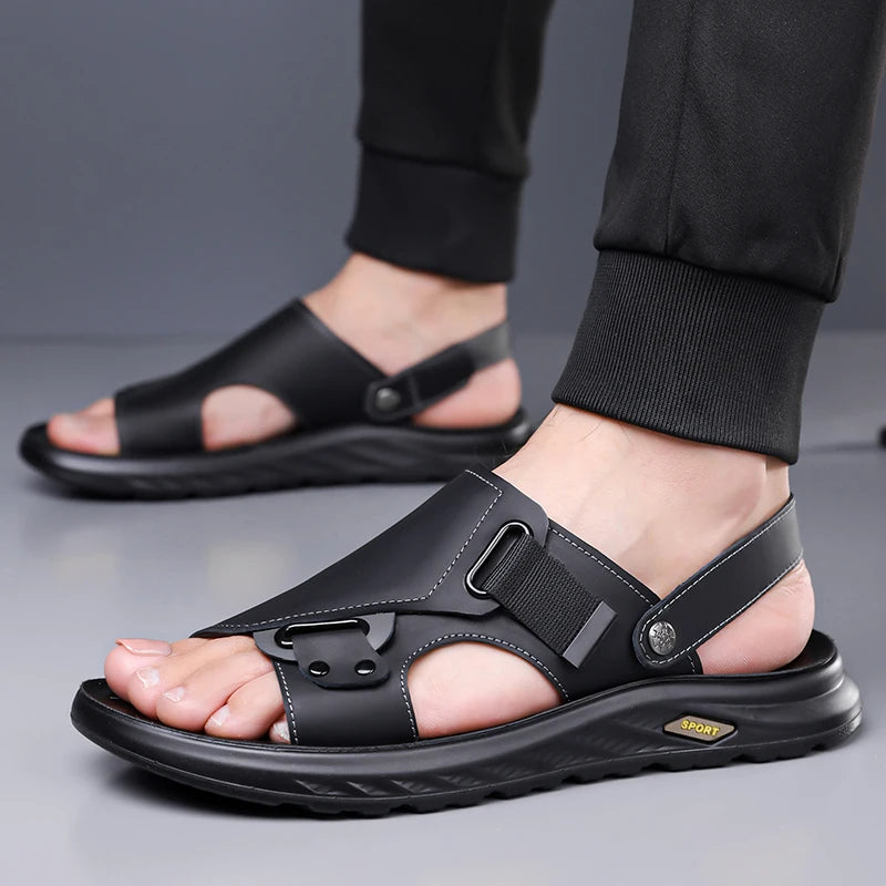 2026New Summer Mens Summer Outdoor Sandals 2-in-1 Beach Walking Shoe Genuine Leather Business Driving Shoe Flat Designer Sandals