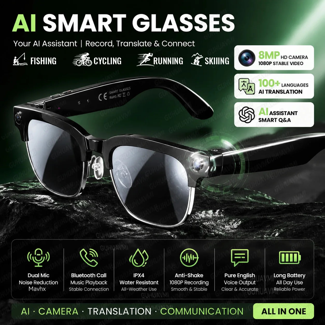 2026 New AI Smart Glasses with Camera 4K EIS Anti-Shake Video&Photo Capture Real-Time Translation Recording Glasses Photochromic