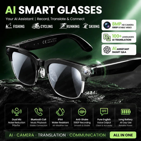 2026 New AI Smart Glasses with Camera 4K EIS Anti-Shake Video&Photo Capture Real-Time Translation Recording Glasses Photochromic
