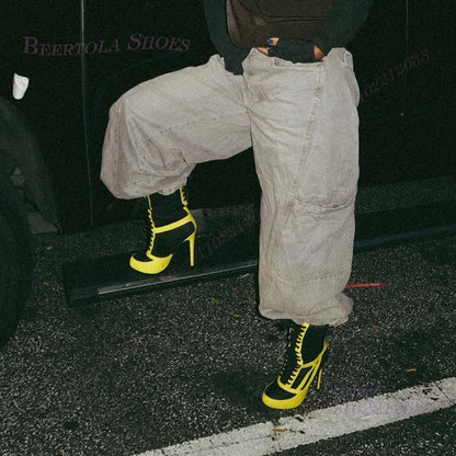 Bright Pink Knitted Canvas Boots Women White Leather Patchwork Stiletto Heel Round Calf Laces Black Yellow Striped Girls Shoe
