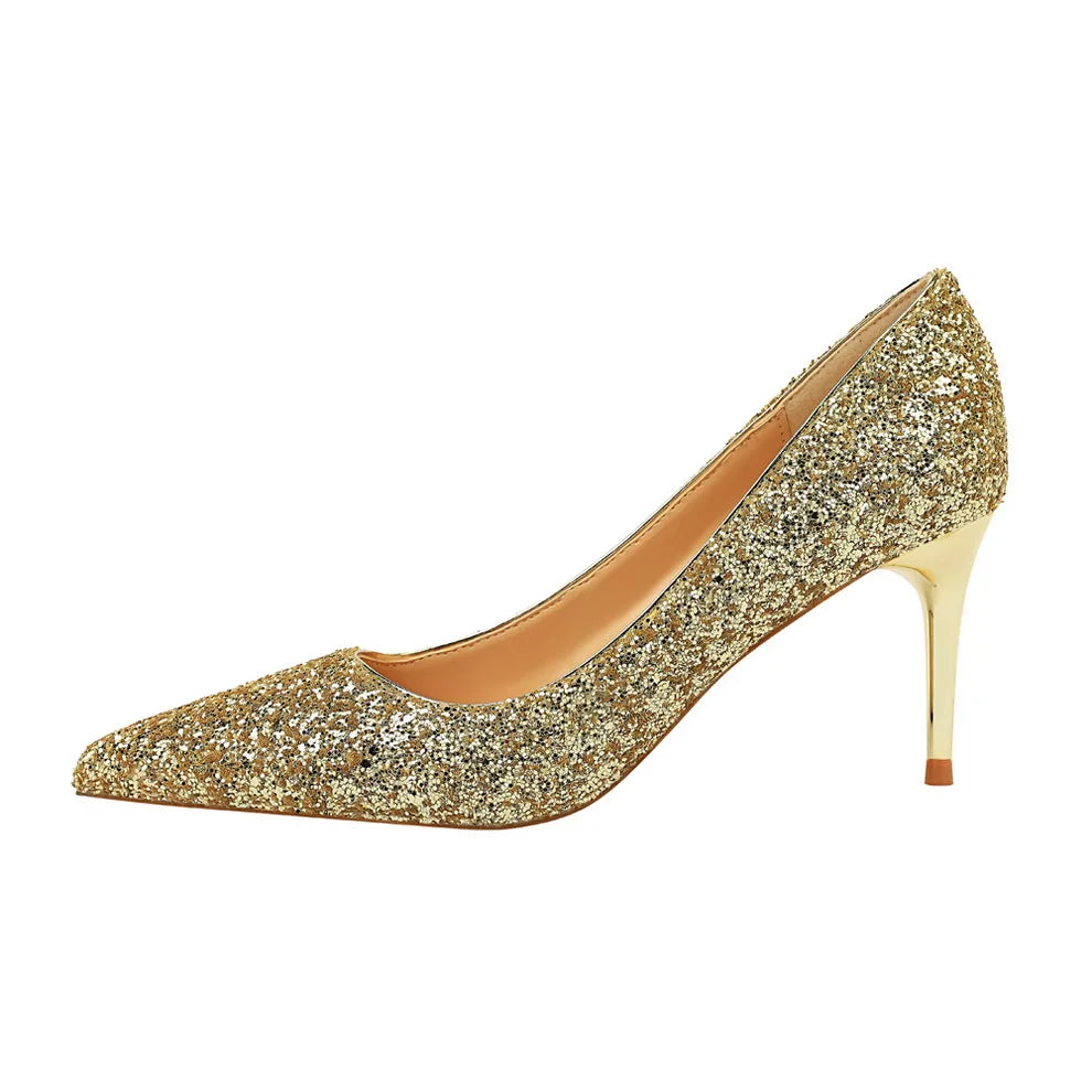 Women 7cm 9.5cm High Heels Pumps Wedding Bridal Scarpins Sparkly Mid Heels Lady Party Sequins Glitter Evening Gold Silver Shoes