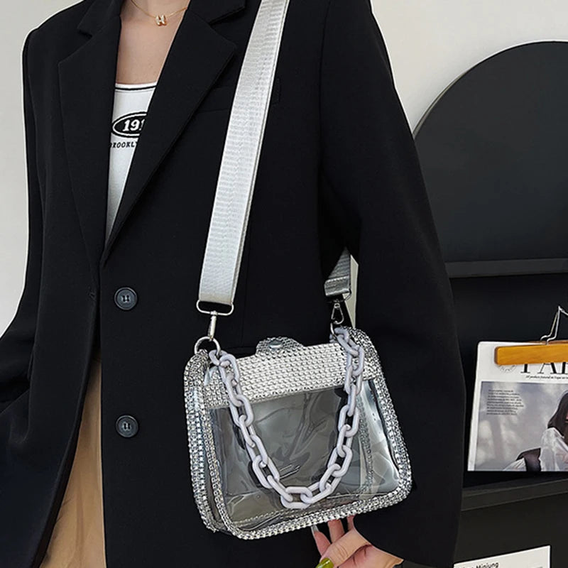 2026 NEW Transparent Shoulder Bag New Chain Handbag Fashionable Diamond Inlaid Jelly Bag PVC Women Crossbody Bag