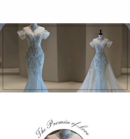 Elegant Fish Tail Wedding Dress Lightweight Tulle One Shoulder Bridal Gown for Small Stature Brides Heavy Embroidery Exit Veil