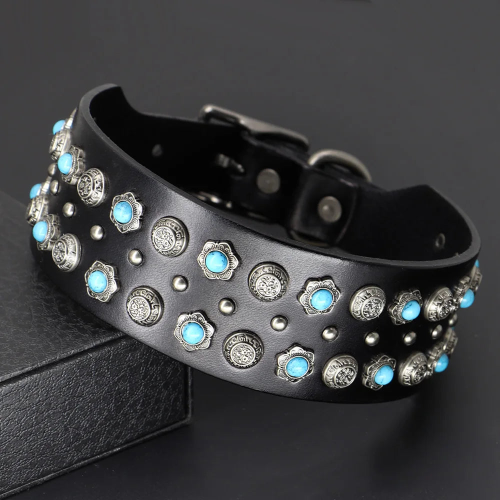 Genuine Leather Big Dog Collar 2inch Wide Diamond Dog Collars Durable Spike Pet Necklace Luxury for Medium Large Dogs Pitbull