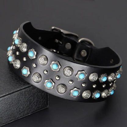 Genuine Leather Big Dog Collar 2inch Wide Diamond Dog Collars Durable Spike Pet Necklace Luxury for Medium Large Dogs Pitbull