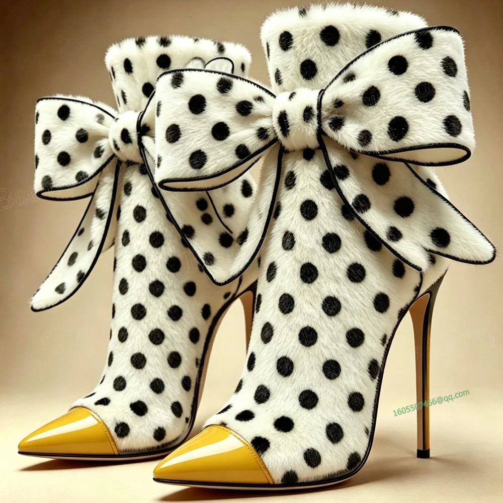 Black Toe Bow Knot Ankle Boots Polka Dots Front Pointed Toe Thin Heels Shoes High Heel Shoes for Women New Zapatos Para Mujere