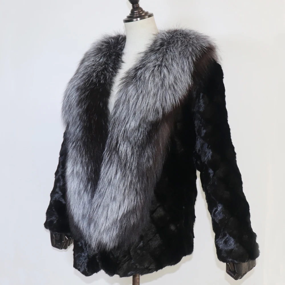 Women Winter Real Mink Fur Caot With Fox Fur Collar Natural Warm Mink Fur Jacket Lady Fashion 100% Real Mink Fur Overcoat
