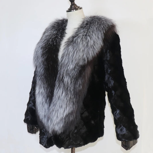Women Winter Real Mink Fur Caot With Fox Fur Collar Natural Warm Mink Fur Jacket Lady Fashion 100% Real Mink Fur Overcoat