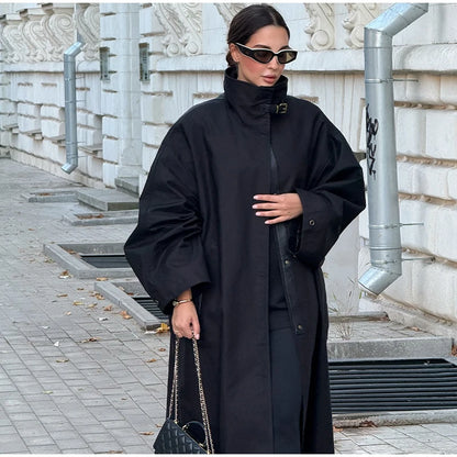 Women Black Long Solid Color Trench Coat Stand Collar Loose Drop Shoulder Single-breasted Windbreaker Lady Commute Outing Wear