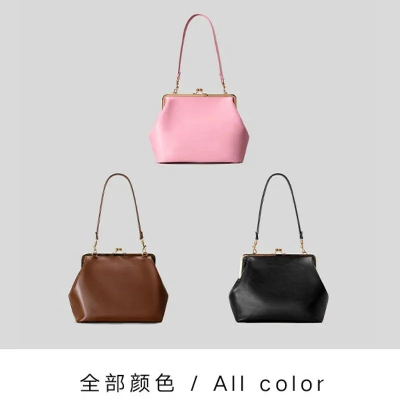2026 Retro Leather & Straw Woven Bag – Kiss Lock Frame Shell Clutch, Large Capacity Shoulder Tote for Commute Beach Evening