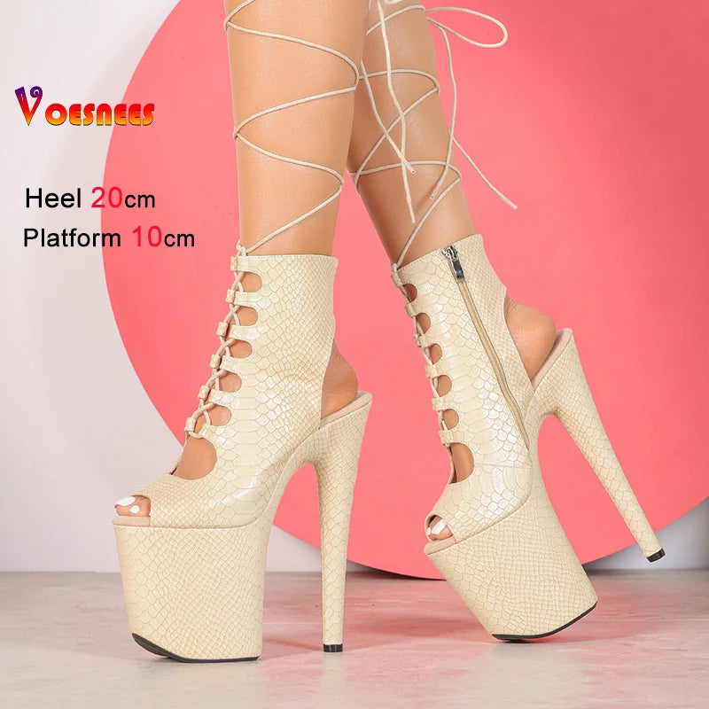 Strappy Women Boots 20CM Thin High Heels Lace-up Hollow Out Sexy T Show Red Shoes 2026 New Women Platform Peep Toe Short Booties