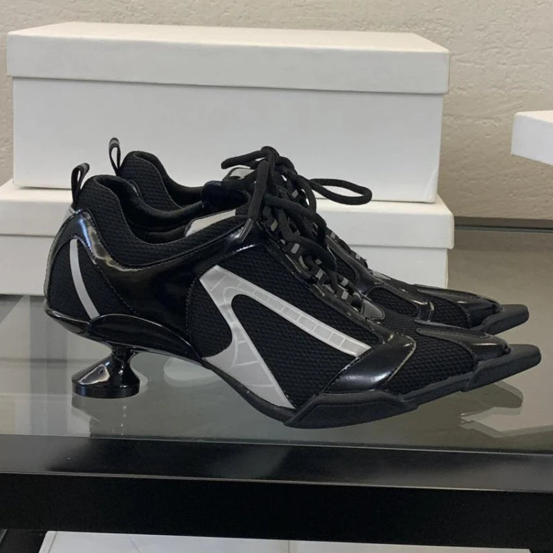 Silver Lace-up Sports Heels Women Fashions Pointed Toe Strange Style Mesh Sneakers Elegant Punk Shoes Female Luxury Brands Pumps
