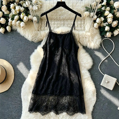 Ladies Summer One Piece Slip Dress With Bow Lace Suspenders Sexy Solid Mini Dress Loose Slash Neck Girls Hotsweet Thin Soft New