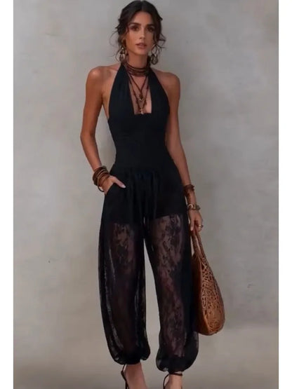Solid Women Lace Jumpsuits For Spring Summer Sleeveless V-Neck Loose Fashion Streetwear Overalls Pants Trousers 2026