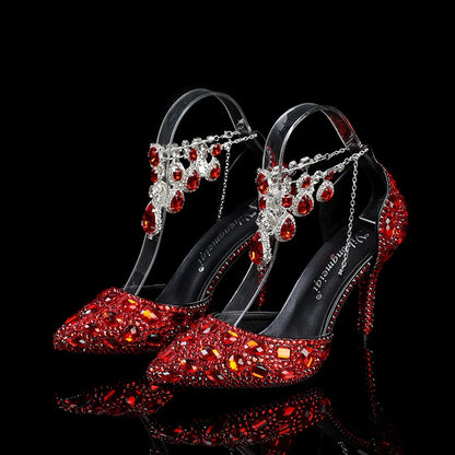 2024 Autumn Slim Heels Shallow Mouth Luxury Blue Water Diamond Pearl Women Single Shoes 9CM Wedding Party Shoes Sandalias Mujer