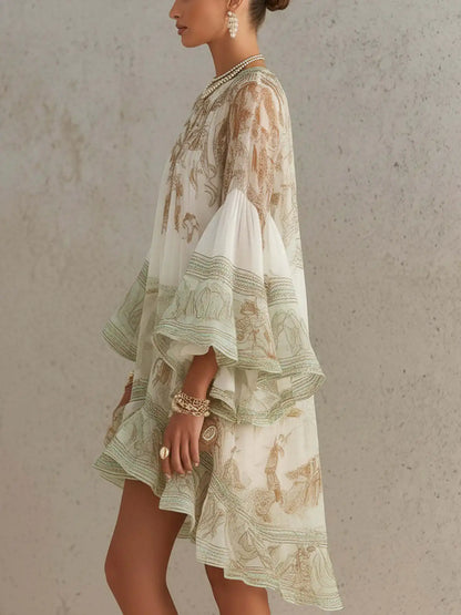 2026 New European and American Style Printed Lotus Leaf Hem Dress for Women, Vacation-Inspired, Loose Fit, Flowing, Stylish Shor