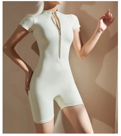Womens Yoga Short Sleeve Jumpsuits Slim Fit Stretch One Piece Playsuits Romper Sexy Fitness Female Basic Zipper Sportwears