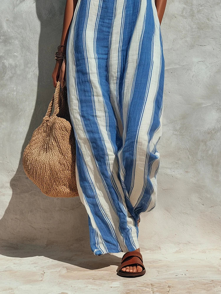 Women's Striped Print Street Loose Casual Sleeveless Pocket Playsuits Elegant Off Shoulder Suspender Jumpsuits and Rompers