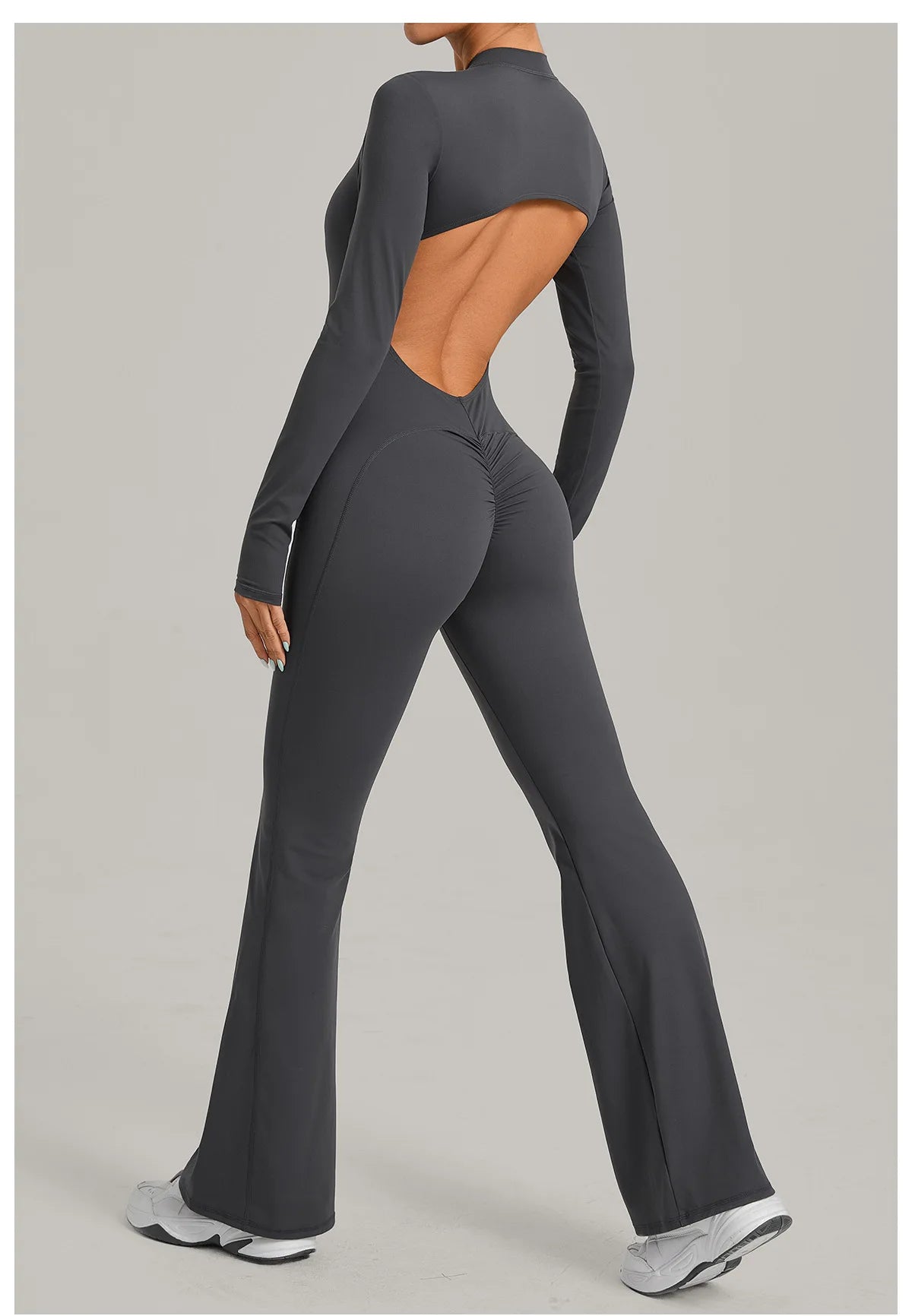 Women Long Sleeve Zip Yoga Bodysuit Cutout Back Scrunch Butt Lift Tummy Control Sweat Wicking Fabric Gym Workout Flare Jumpsuit