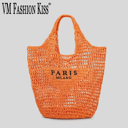 2024 Luxury Design Women Plaited Raffia Straw Bag Large Capacity Casual Tote Handbag Hollow Summer Beach Vacation Shoulder Bag