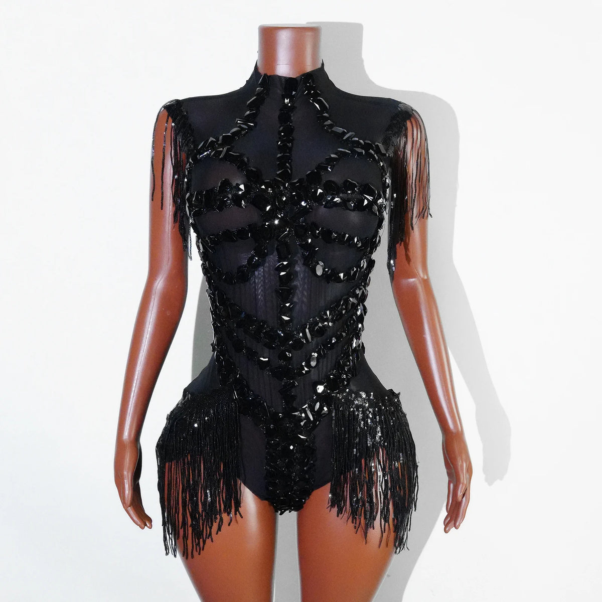 Sexy See-through Glitter Red Crystal Fringe Bodysuit High Elasticity Drag Queen Costume Festivals Outfit NightClub Dance Outfits