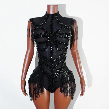 Sexy See-through Glitter Red Crystal Fringe Bodysuit High Elasticity Drag Queen Costume Festivals Outfit NightClub Dance Outfits