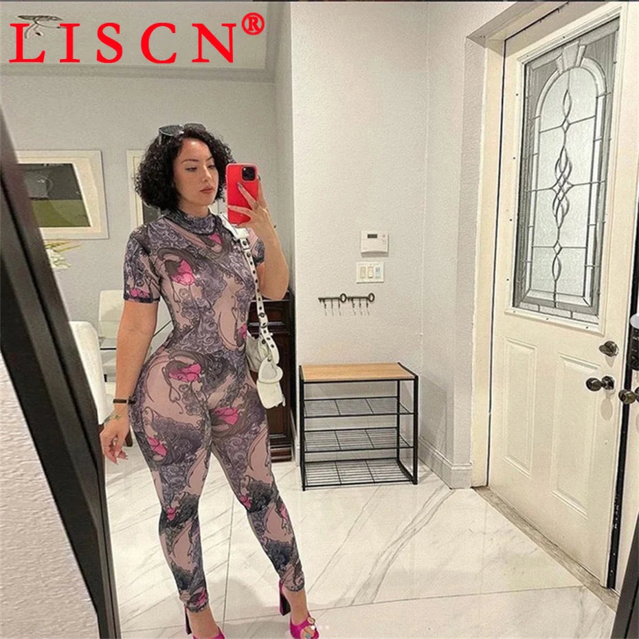 10 Wholesale Items Jumpsuits Women Summer 2025 Short Sleeve Bodycon Sexy Y2k Printing Mesh See Through Backless Rompers K15151