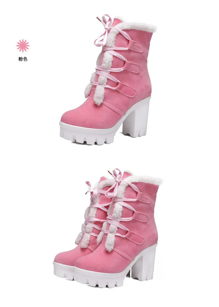 Winter Warm Girls Boots Fashion Lace Up Platform High Heels Women Ankle Boots Cosplay Casaul Party Fur Warm Women Boots Shoes 43