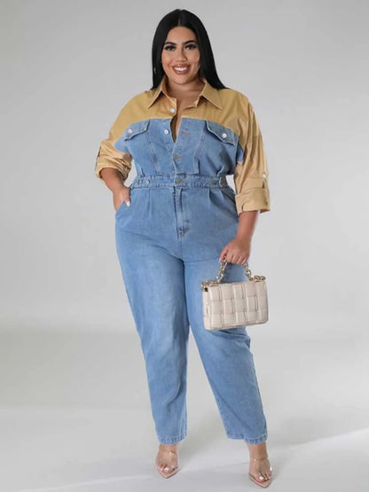 Winter Jeans Jumpsuit for Women Simple and Elegant Long Straight Jumpsuits Plus Size Clothing Female Denim Cotton Jumpsuit