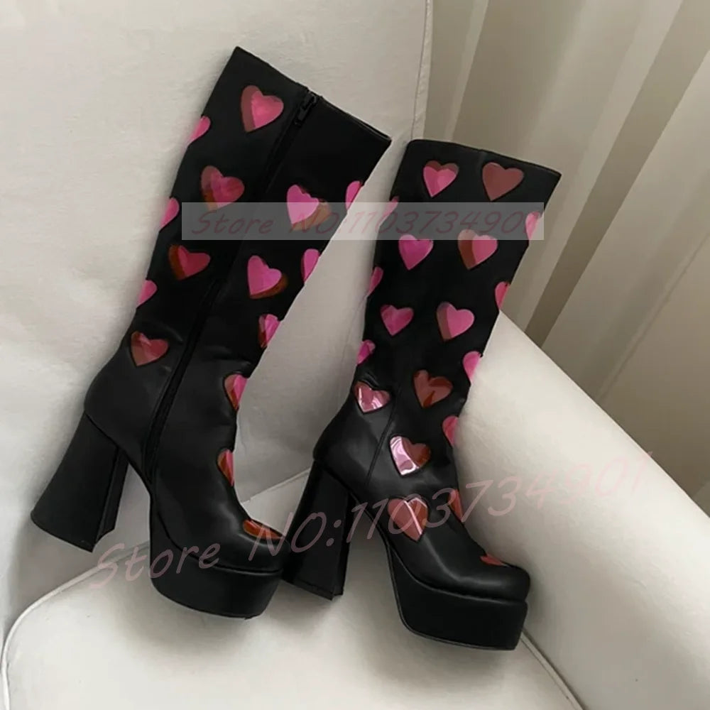 Cutout Heart Window Platform Knee High Boots Women Pink PVC Hollow Round Toe Block Heels Shoes Lady Y2K Street Fashion Boots